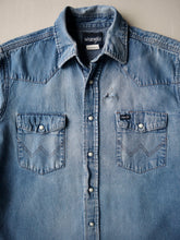Load image into Gallery viewer, 1990s Distressed Wrangler Chambray Snap Shirt - M/L