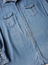 Load image into Gallery viewer, 1990&#39;s Distressed Wrangler Pearl Snap Chambray Shirt - 3XL
