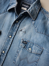 Load image into Gallery viewer, 1990s Distressed Wrangler Chambray Snap Shirt - M/L
