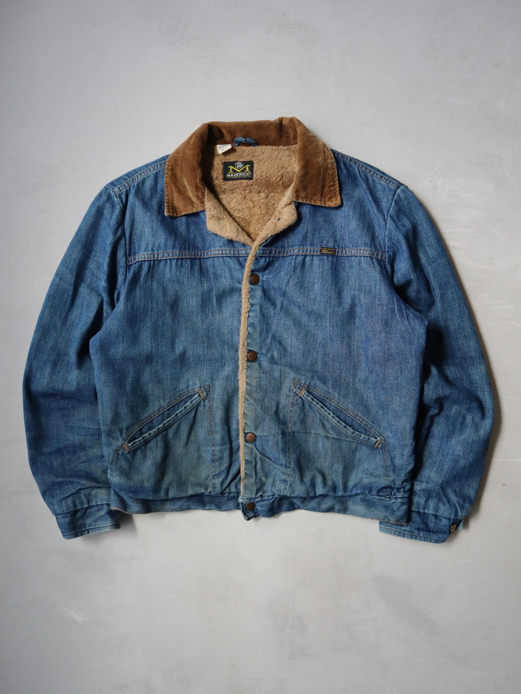 1970s Maverick Blue Bell Lined Denim Jacket with Corduroy Collar - M