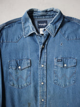 Load image into Gallery viewer, 1990&#39;s Distressed Wrangler Pearl Snap Chambray Shirt - XL
