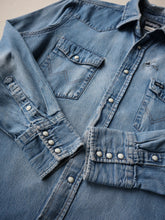 Load image into Gallery viewer, 1990s Distressed Wrangler Chambray Snap Shirt - M/L
